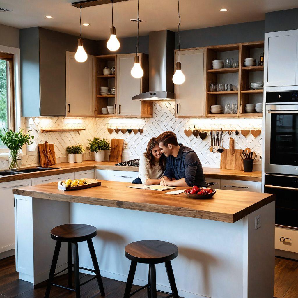 A cozy couple sharing a joyful moment in a modern kitchen, brainstorming ideas with a notepad, surrounded by love symbols like hearts and intertwined hands. The atmosphere is warm and intimate, showcasing small daily interactions that strengthen their bond. Soft lighting adds a romantic touch to the scene. super-realistic. vibrant colors. soft focus.