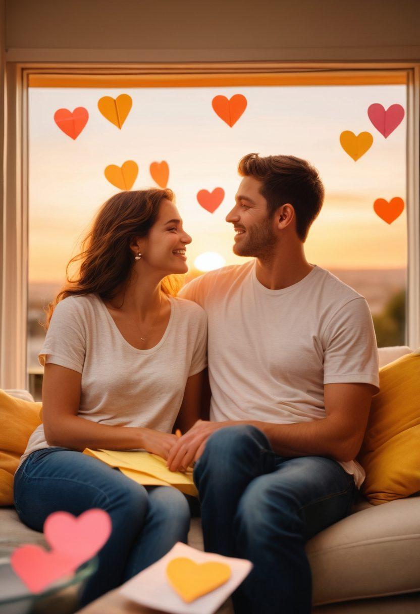 A couple sitting together on a cozy couch, engaged in a heartfelt conversation, surrounded by warm, soft lighting that enhances the intimacy of the moment. In the background, colorful heart-shaped post-its float around, symbolizing love and communication, while a window showcases a beautiful sunset. Their expressions reflect joy and understanding, capturing the essence of connection. painting. warm tones. soft focus.